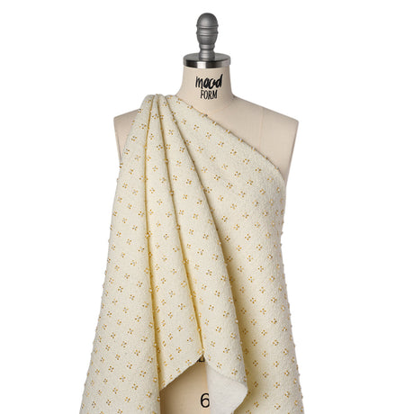 Embellished Acrylic and Wool Tweed with Backing - Off-White Tweed with Pearl and Gold Beaded Tiny Flower Grid