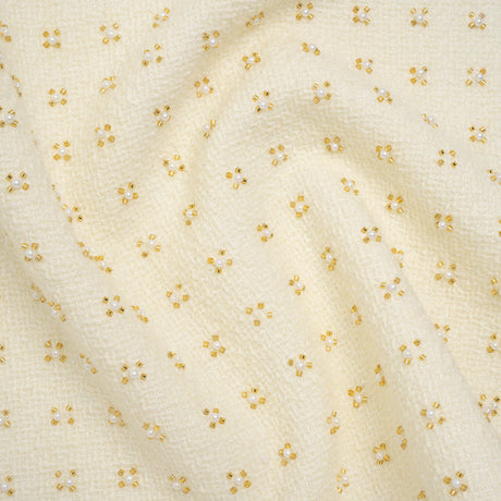 Embellished Acrylic and Wool Tweed with Backing - Off-White Tweed with Pearl and Gold Beaded Tiny Flower Grid