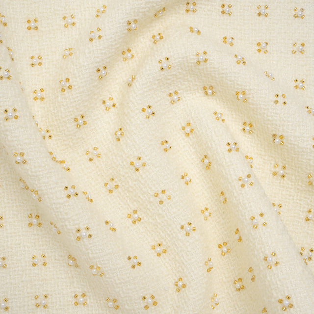 Embellished Acrylic and Wool Tweed with Backing - Off-White Tweed with Pearl and Gold Beaded Tiny Flower Grid