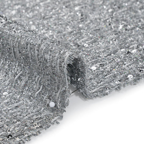 Metallic Embellished Tweed - Bright Silver with Sequins and Eyelash Fringe