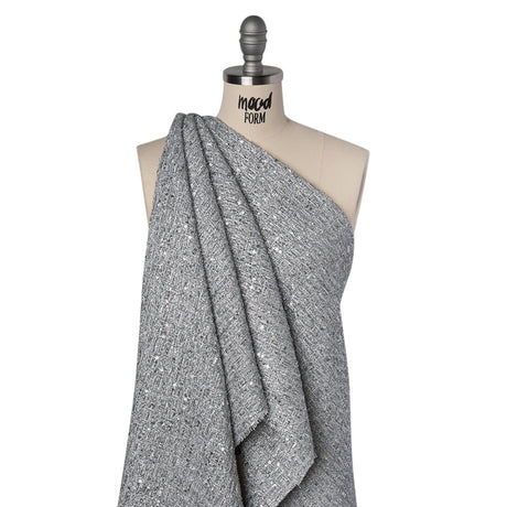 Metallic Embellished Tweed - Bright Silver with Sequins and Eyelash Fringe