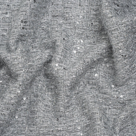 Metallic Embellished Tweed - Bright Silver with Sequins and Eyelash Fringe