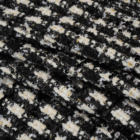 Sequined Polyester Blend Tweed - Black and White Plaid with Gold Accents