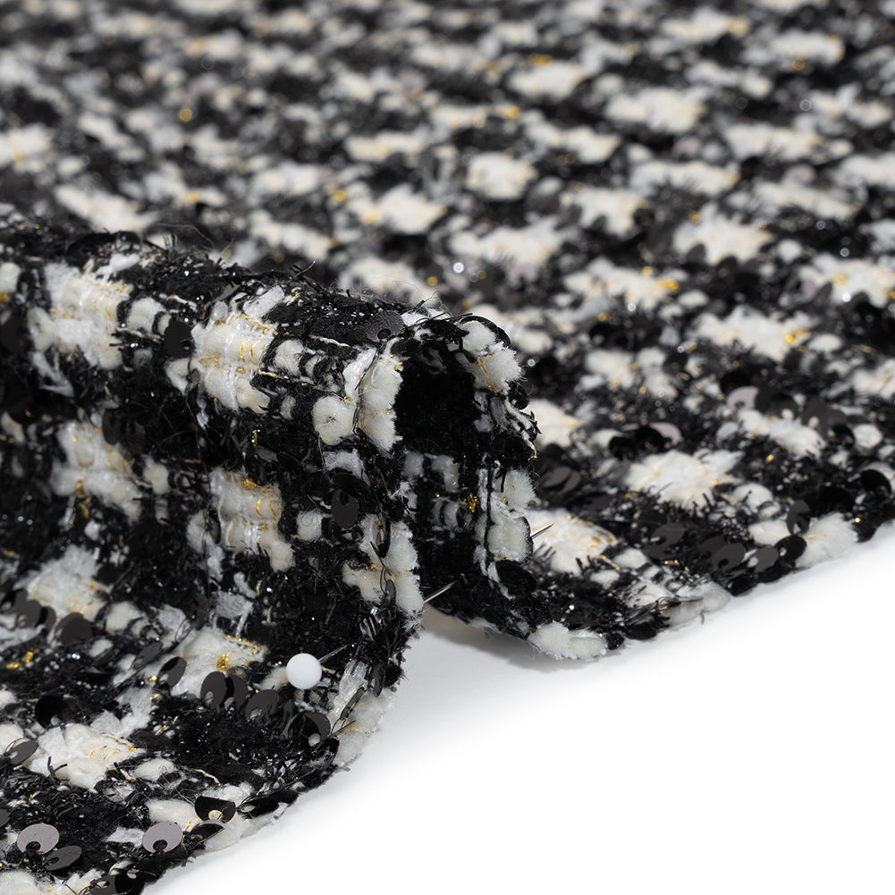 Sequined Polyester Blend Tweed - Black and White Plaid with Gold Accents