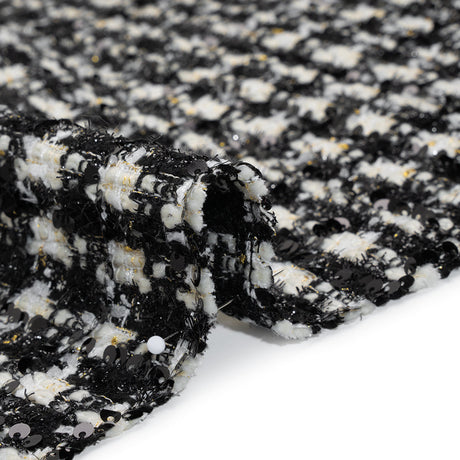 Sequined Polyester Blend Tweed - Black and White Plaid with Gold Accents