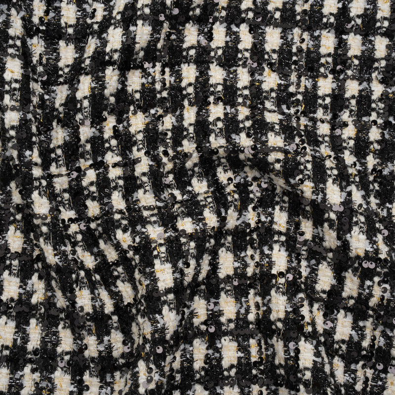 Sequined Polyester Blend Tweed - Black and White Plaid with Gold Accents