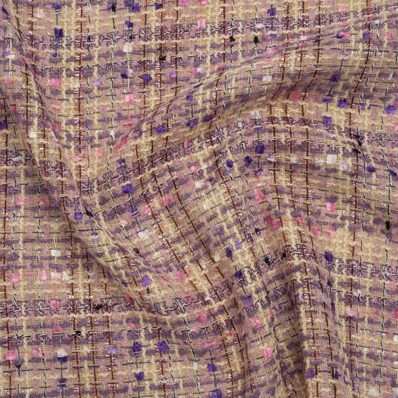 Polyester Tweed with Eyelash Fringe - Beige, Purple and Pink Striated Plaid