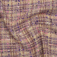 Polyester Tweed with Eyelash Fringe - Beige, Purple and Pink Striated Plaid