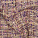 Polyester Tweed with Eyelash Fringe - Beige, Purple and Pink Striated Plaid