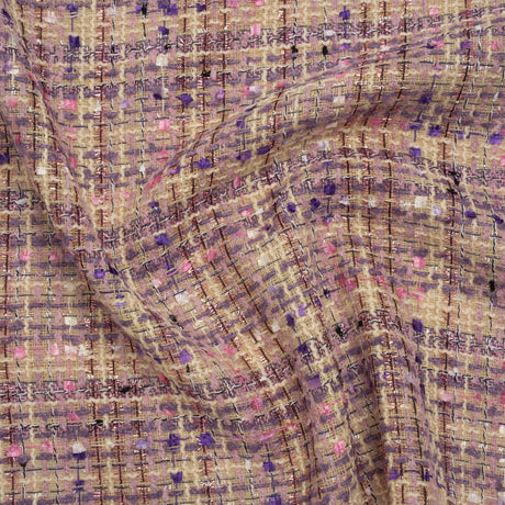 Polyester Tweed with Eyelash Fringe - Beige, Purple and Pink Striated Plaid