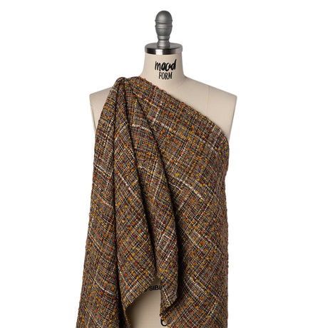 Polyester Tweed with Mini Pom Poms - Dark Brown, Yellow Ochre and Burgundy Tweed