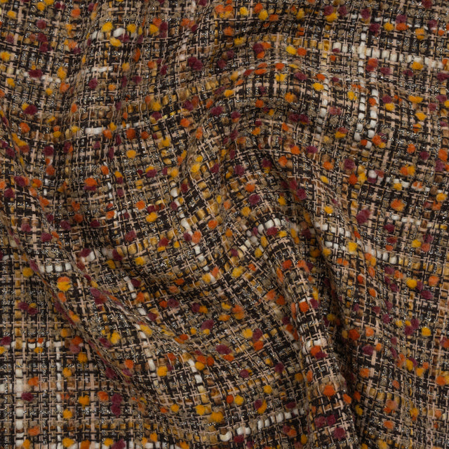 Polyester Tweed with Mini Pom Poms - Dark Brown, Yellow Ochre and Burgundy Tweed