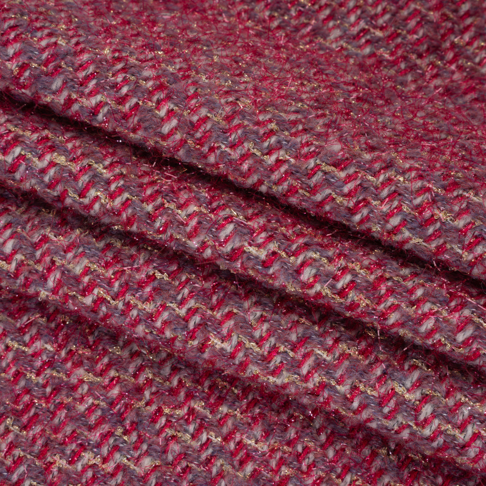 Polyester Twill Tweed with Metallic Eyelash Fringe - Magenta, Warm Purple and Gold
