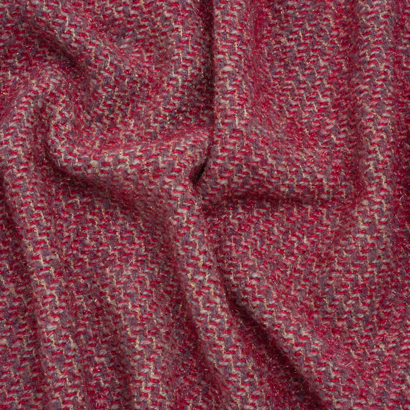 Polyester Twill Tweed with Metallic Eyelash Fringe - Magenta, Warm Purple and Gold