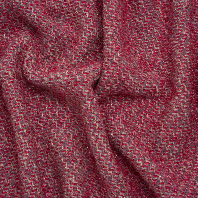 Polyester Twill Tweed with Metallic Eyelash Fringe - Magenta, Warm Purple and Gold