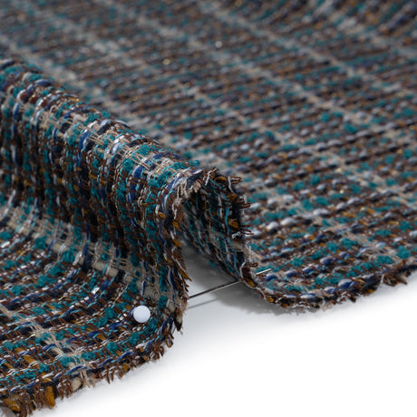 Polyester Tweed with Baby Sequins - Teal, Blue and Brown Plaid