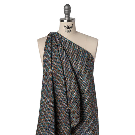 Polyester Tweed with Baby Sequins - Teal, Blue and Brown Plaid