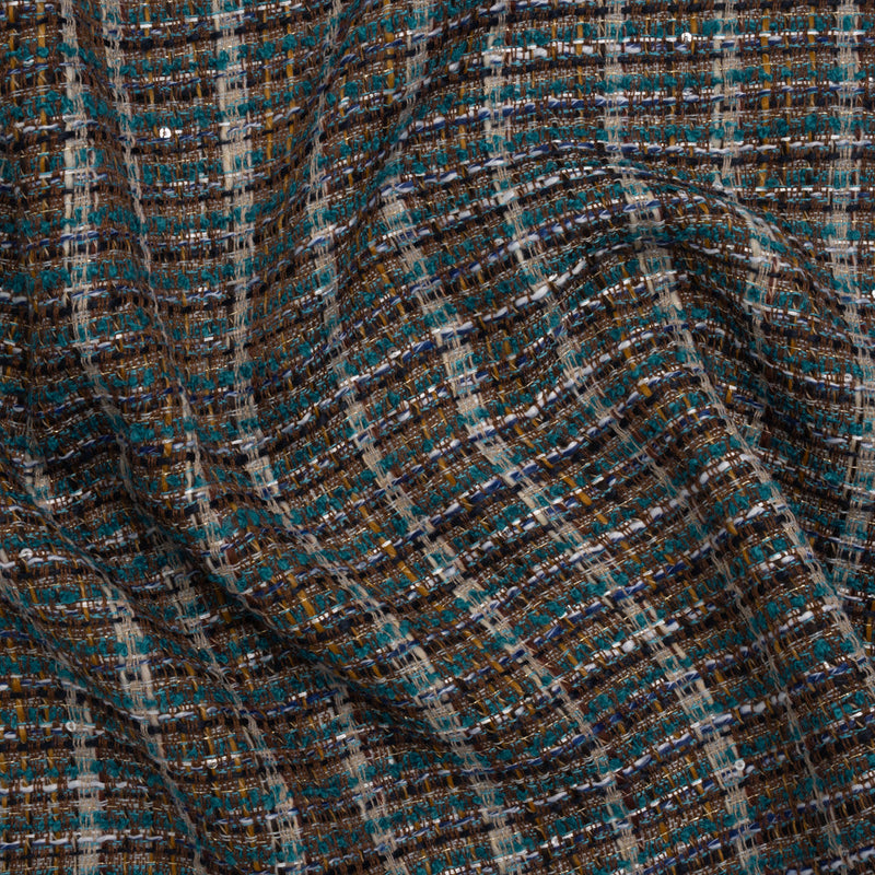 Polyester Tweed with Baby Sequins - Teal, Blue and Brown Plaid