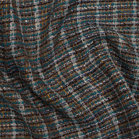 Polyester Tweed with Baby Sequins - Teal, Blue and Brown Plaid