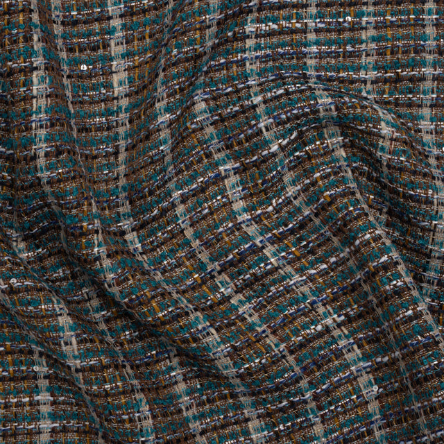 Polyester Tweed with Baby Sequins - Teal, Blue and Brown Plaid
