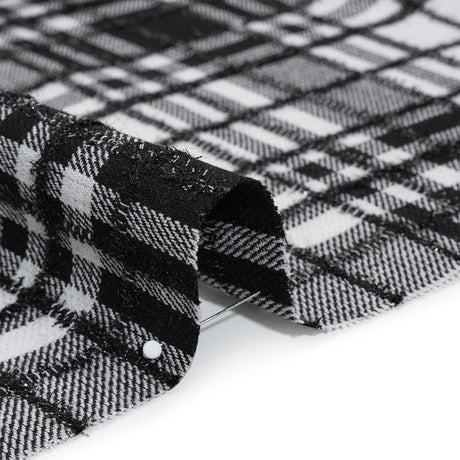 Polyester Blend Twill Tweed with Eyelash Fringe - Black and White Plaid