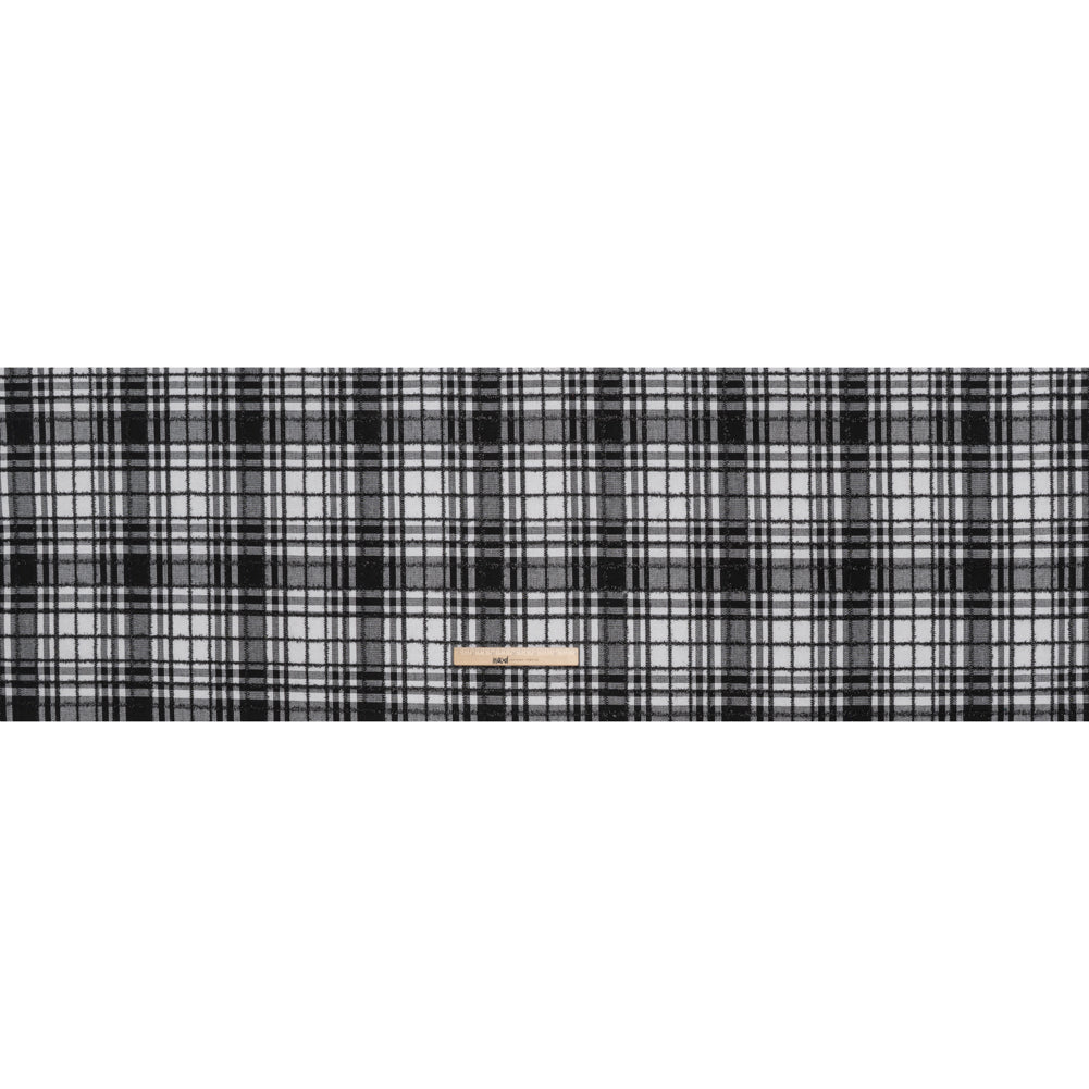 Polyester Blend Twill Tweed with Eyelash Fringe - Black and White Plaid