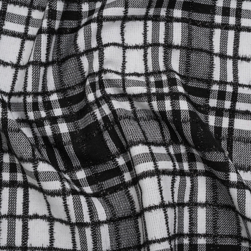 Polyester Blend Twill Tweed with Eyelash Fringe - Black and White Plaid