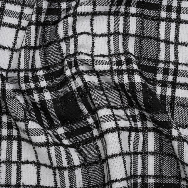 Polyester Blend Twill Tweed with Eyelash Fringe - Black and White Plaid