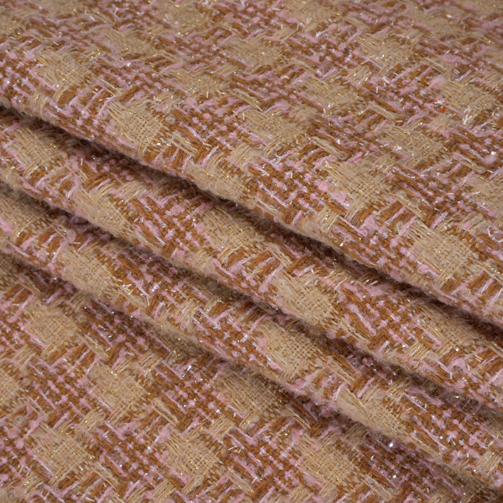 Polyester Metallic Tweed with Eyelash Fringe - Pale Pink, Beige and Tan Houndstooth