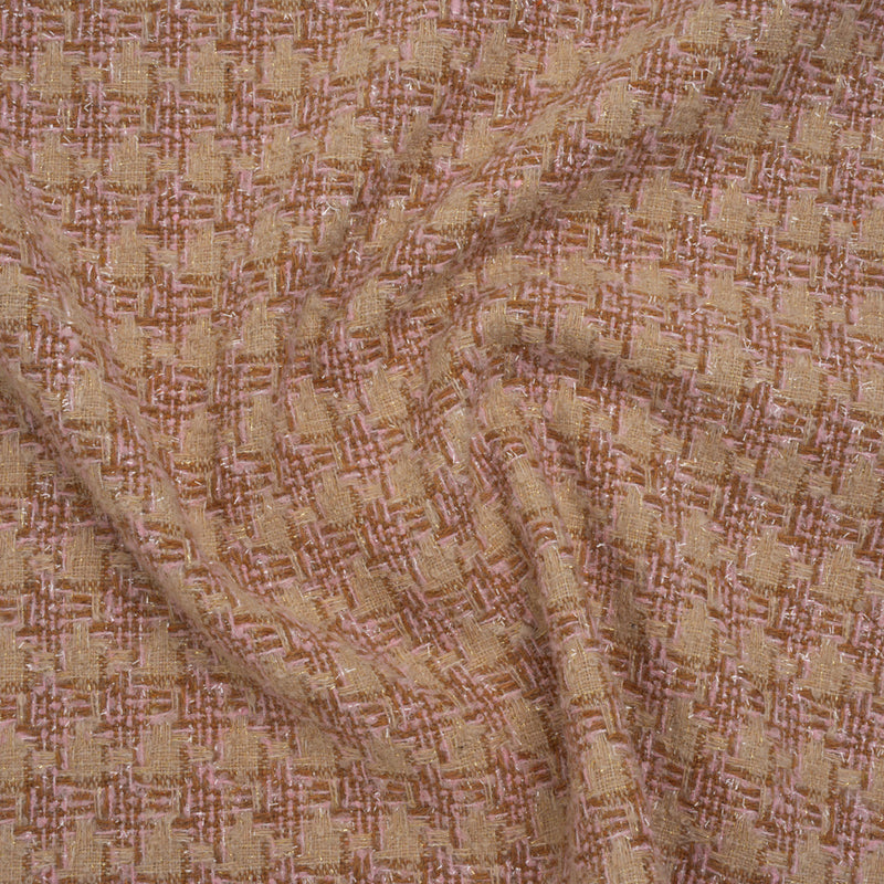 Polyester Metallic Tweed with Eyelash Fringe - Pale Pink, Beige and Tan Houndstooth
