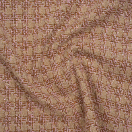 Polyester Metallic Tweed with Eyelash Fringe - Pale Pink, Beige and Tan Houndstooth