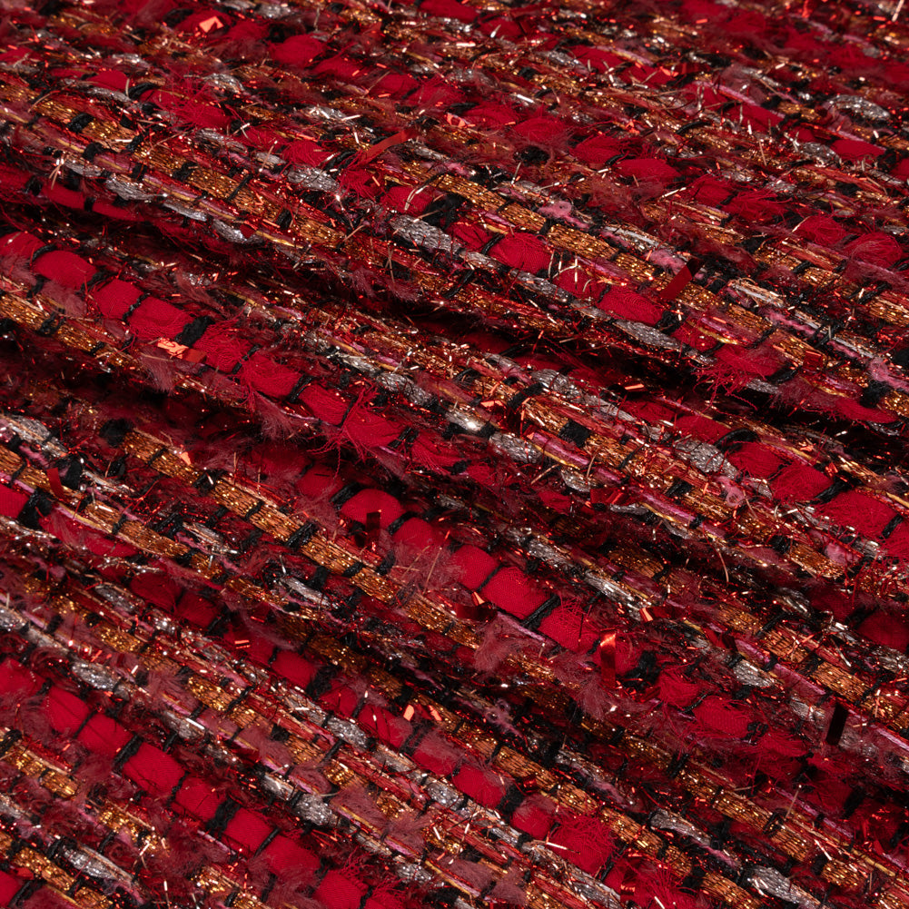 Metallic Polyester Tweed with Eyelash Fringe - Ruby Red and Burnt Orange Stripes