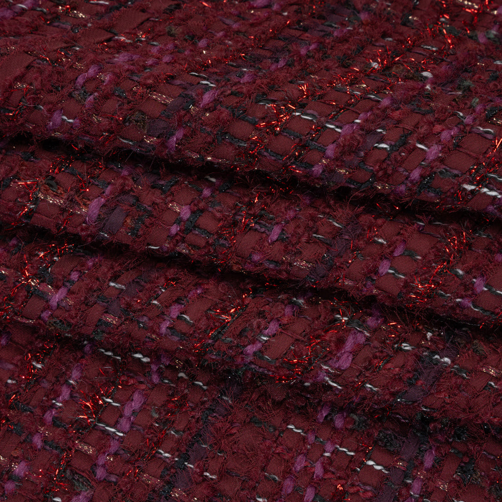 Polyester and Wool Blend Tweed with Eyelash Fringe - Burgundy, Fuchsia and Black