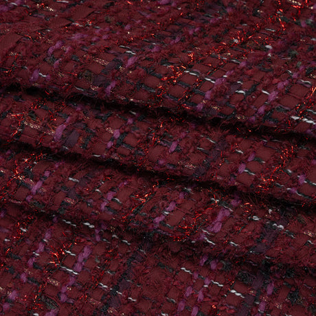 Polyester and Wool Blend Tweed with Eyelash Fringe - Burgundy, Fuchsia and Black