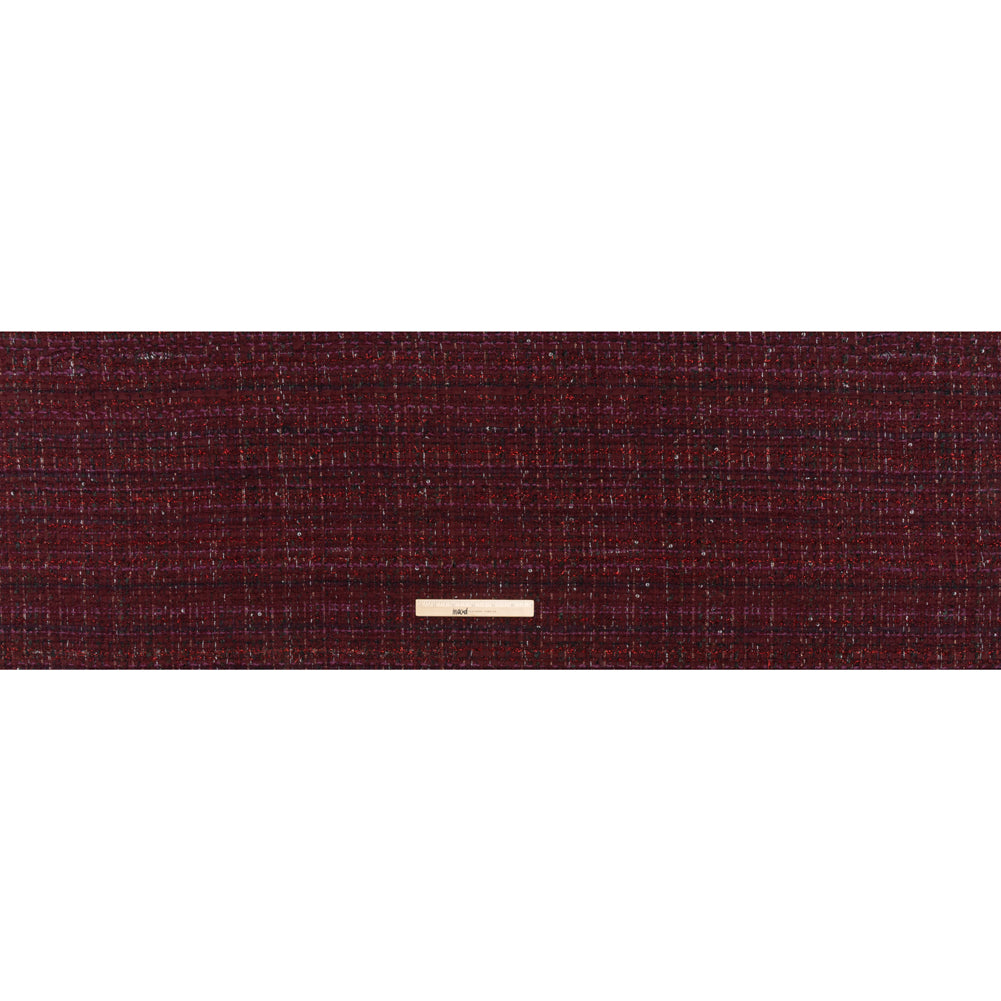 Polyester and Wool Blend Tweed with Eyelash Fringe - Burgundy, Fuchsia and Black