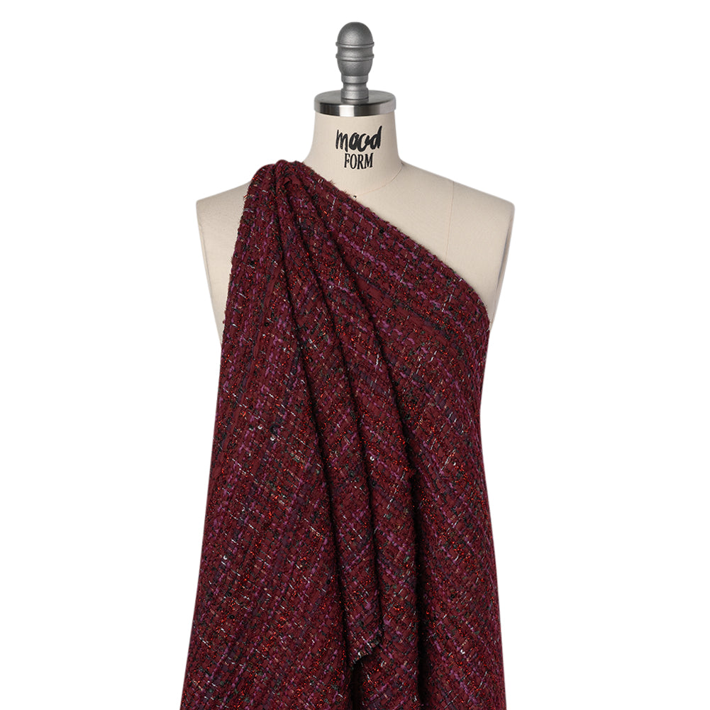 Polyester and Wool Blend Tweed with Eyelash Fringe - Burgundy, Fuchsia and Black