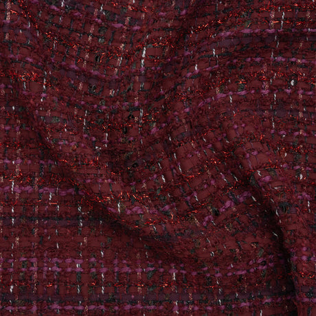 Polyester and Wool Blend Tweed with Eyelash Fringe - Burgundy, Fuchsia and Black