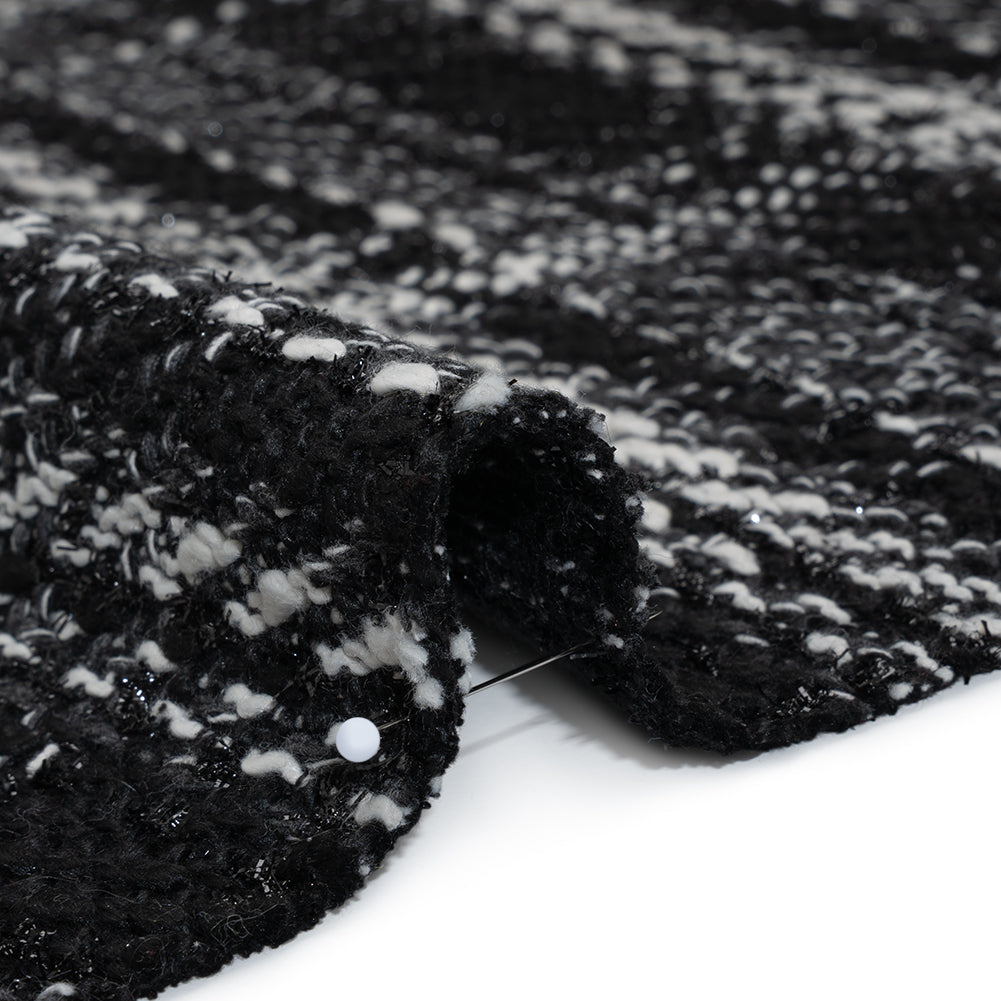 Metallic Polyester and Cotton Twill Tweed - Black and White Plaid