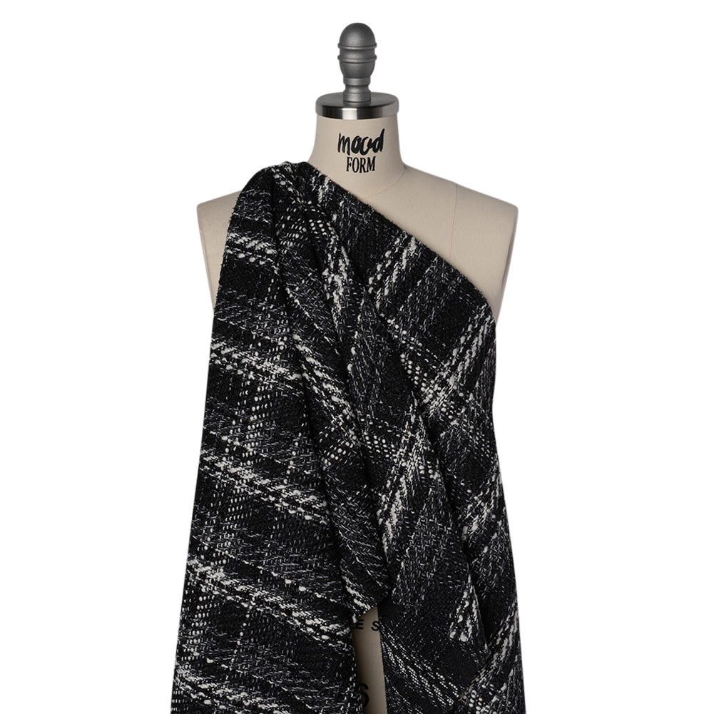 Metallic Polyester and Cotton Twill Tweed - Black and White Plaid