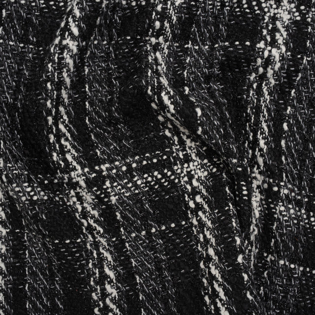 Metallic Polyester and Cotton Twill Tweed - Black and White Plaid