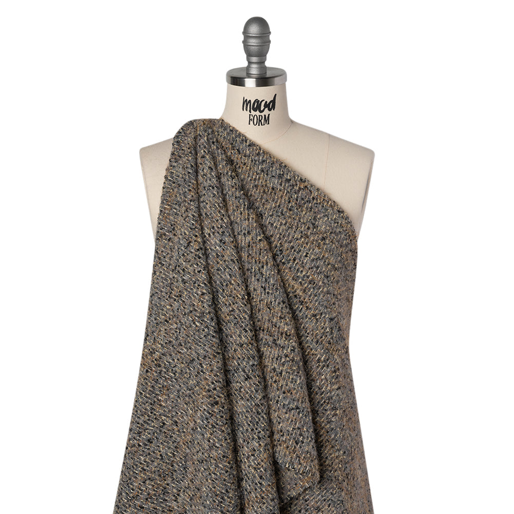 Fuzzy Polyester and Wool Blend Woven Metallic Tweed - Tan, Gray and Gold