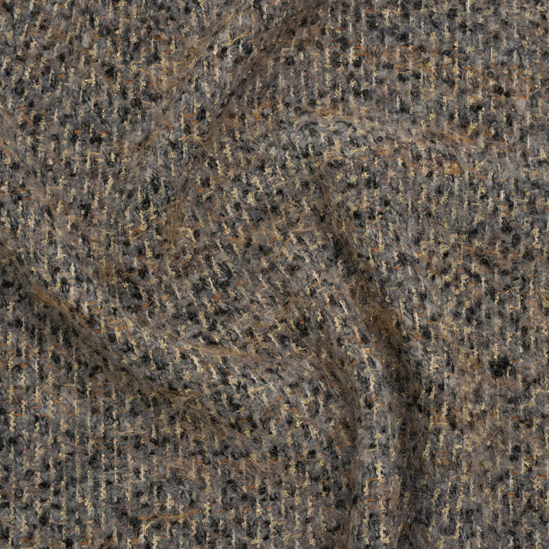 Fuzzy Polyester and Wool Blend Woven Metallic Tweed - Tan, Gray and Gold