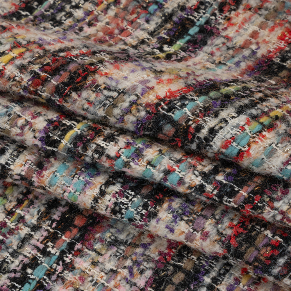 Textural Wool Blend Tweed with Metallic Accents - Black, White and Rainbow Plaid
