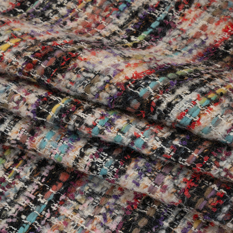 Textural Wool Blend Tweed with Metallic Accents - Black, White and Rainbow Plaid
