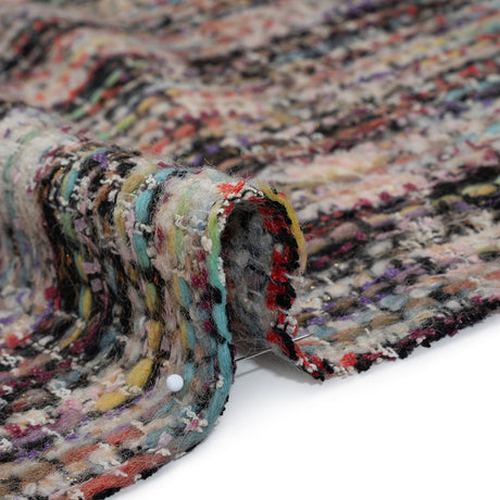 Textural Wool Blend Tweed with Metallic Accents - Black, White and Rainbow Plaid