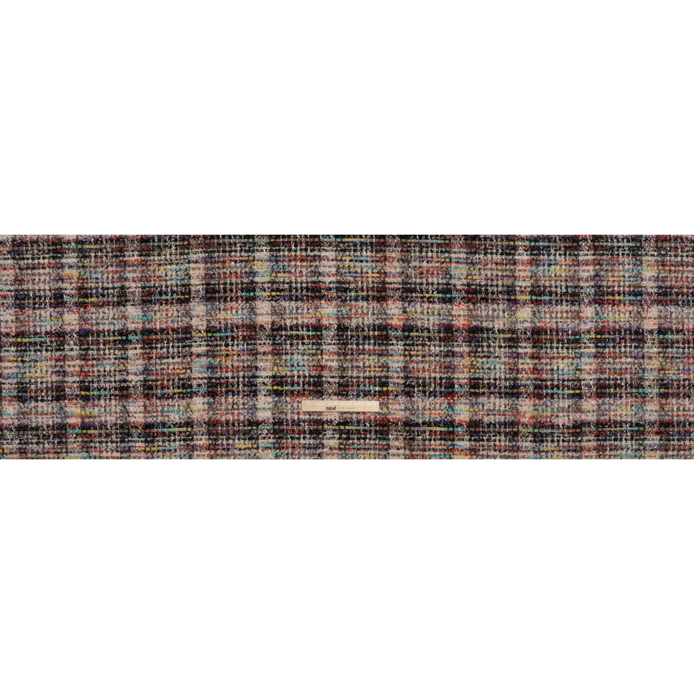 Textural Wool Blend Tweed with Metallic Accents - Black, White and Rainbow Plaid