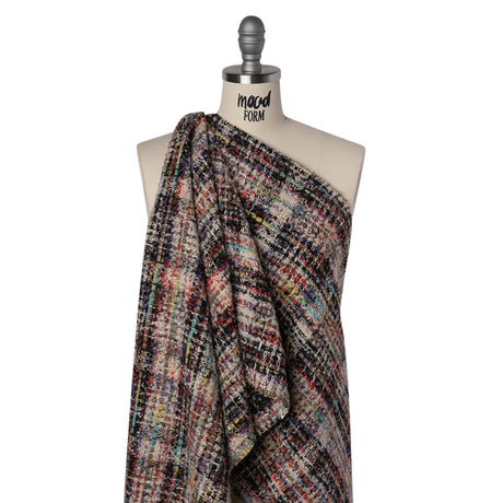 Textural Wool Blend Tweed with Metallic Accents - Black, White and Rainbow Plaid