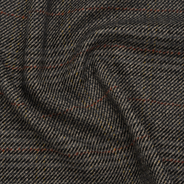 Wool Blend Twill Tweed - Black, Gray and Red Subtle Stripes