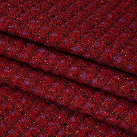 Wool Blend Tweed with Metallic Gold Accents - Red, Burgundy and Fuchsia Plaid