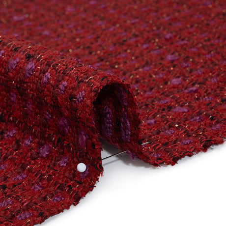 Wool Blend Tweed with Metallic Gold Accents - Red, Burgundy and Fuchsia Plaid